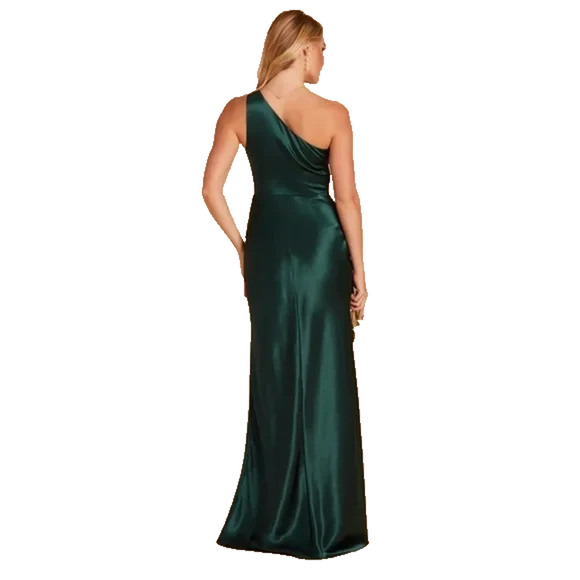 Birdy Grey Satin One Shoulder Maxi Kira Dress L Front Slit Emerald Green Formal - Picture 5 of 10